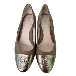 Taryn Rose Bridget Taupe Leather Block Heel Pumps Metallic Rose Cap Toe 39 / 8.5